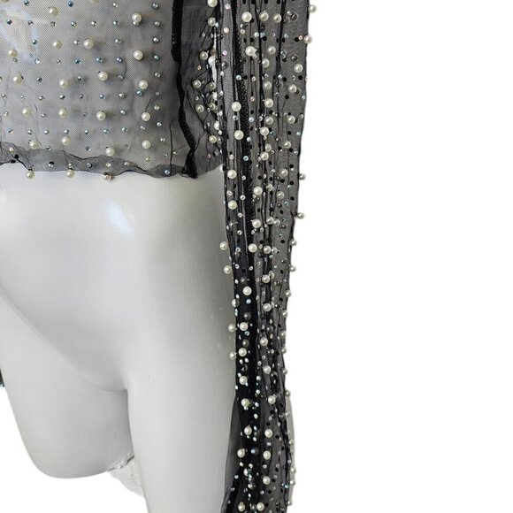 Honey Hot & Delicious Long Sleeve Pearl Rhinestone Sheer Crop Top, Black, Size S - Picture 8 of 8